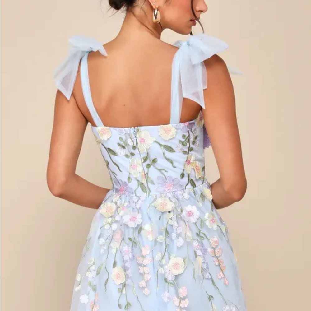 Lulus Classic Romance Blue 3D Floral Applique Tie-Strap Mini Dress - Picture 3 of 4